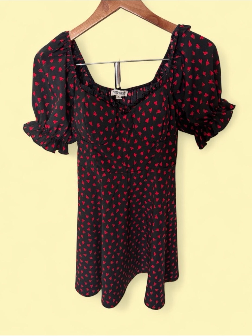 Inspired Hearts Black Puff-Sleeve Mini Dress with Red Heart Print